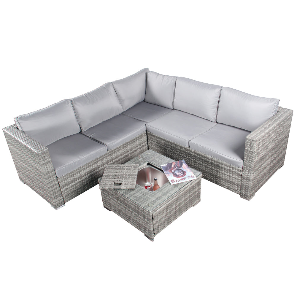 BIXENTE Polyrattan Garten-Lounge 5-Sitzer mit Tisch, Auflagen und Eisfach