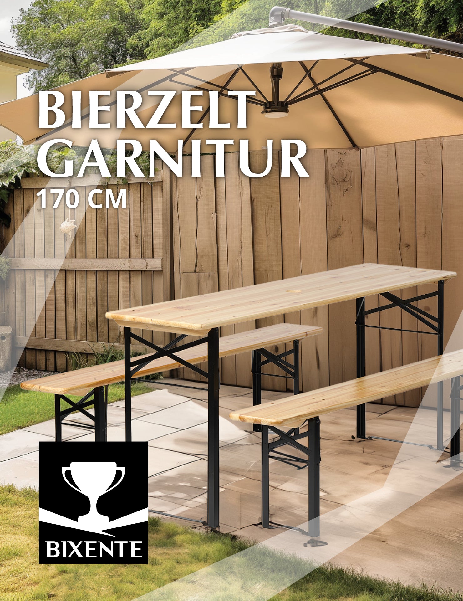 BIXENTE Bierzeltgarnitur 170 cm klappbar inkl. Schirmhalterung 3-tlg. Set